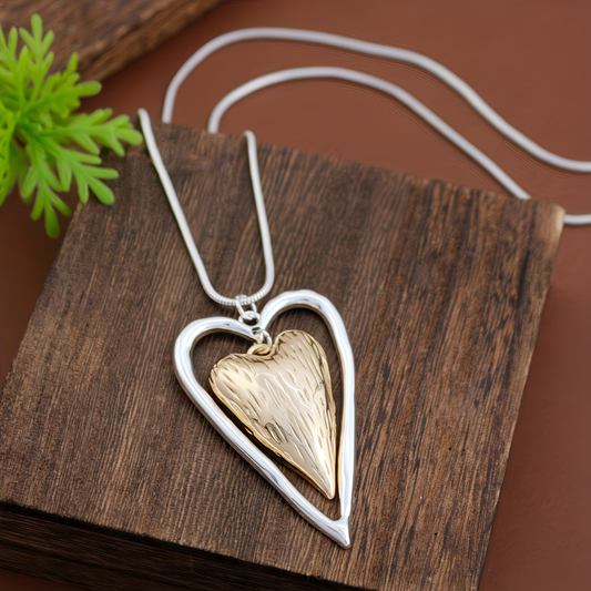 Vintage Silver & Matte Gold Heart Pendant Necklace